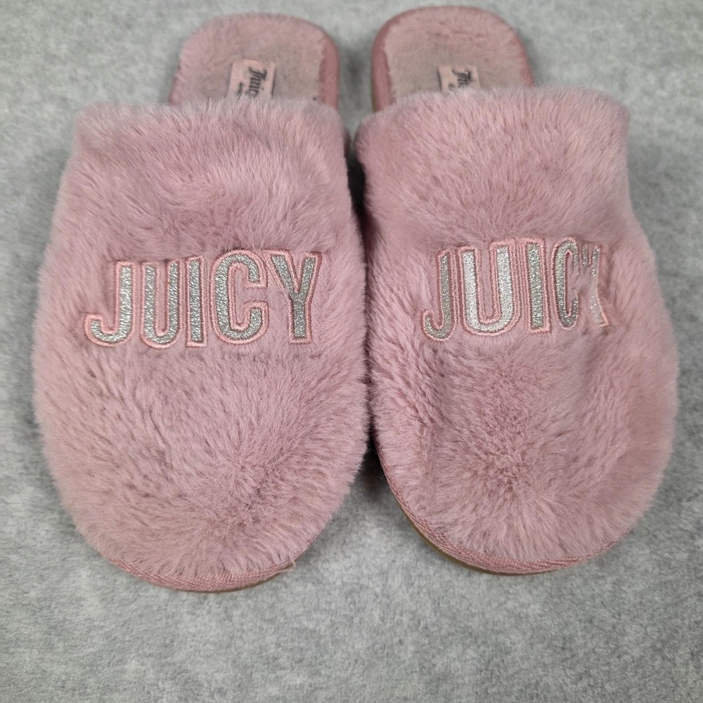Juicy‎ Couture Slippers Womens Size 9.5 Pink Faux Fur Mule Slide JUICY Logo